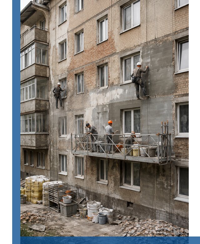 Капитальный ремонт фасада в Сестрорецке с восстановлением и гидроизоляцией