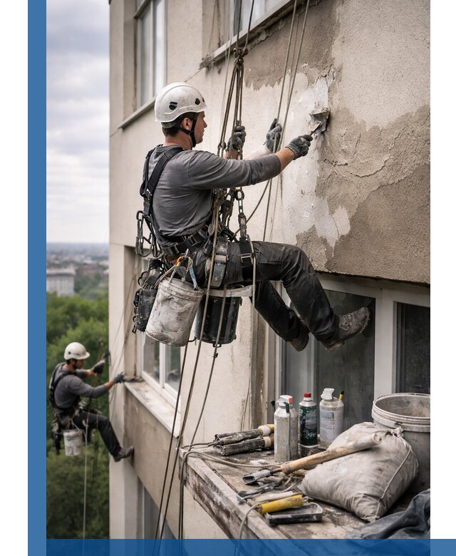 Косметический ремонт фасада зданий в Сестрорецке промышленными альпинистами