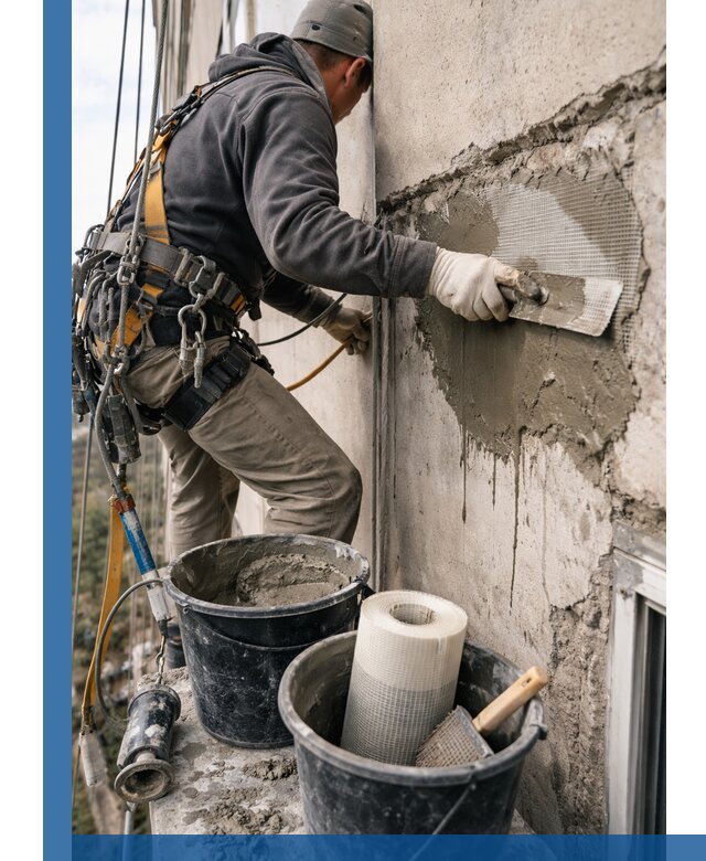 Ремонт бетонных элементов фасада промышленными альпинистами в Сестрорецке