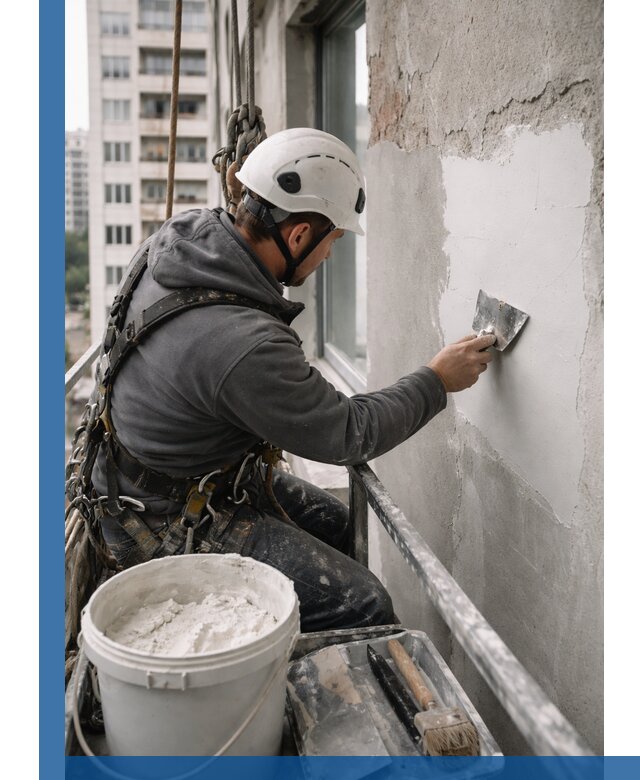 Шпаклевка фасадов на высоте с промальпинистами в Сестрорецке