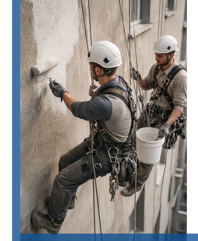 Грунтовка фасада на высоте в Сестрорецке промышленными альпинистами