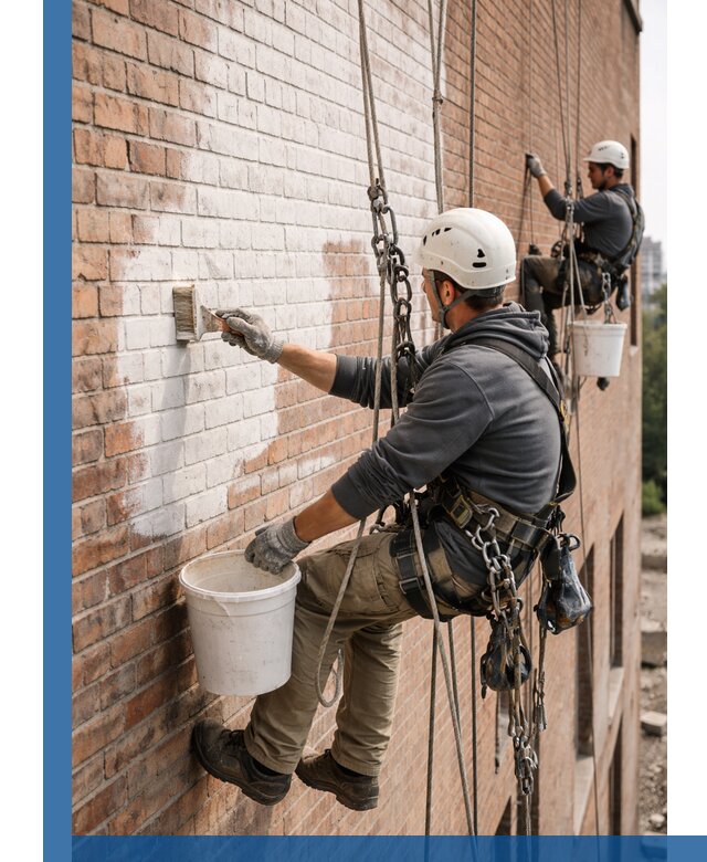 Покраска кирпичного фасада с доступным альпинистским сервисом в Сестрорецке