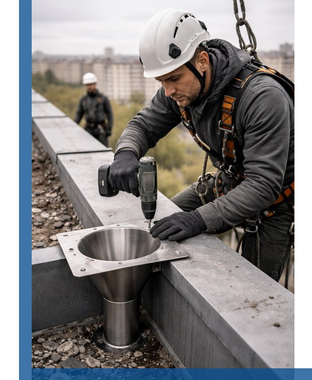 Монтаж водосточных воронок в Сестрорецке для промышленных зданий