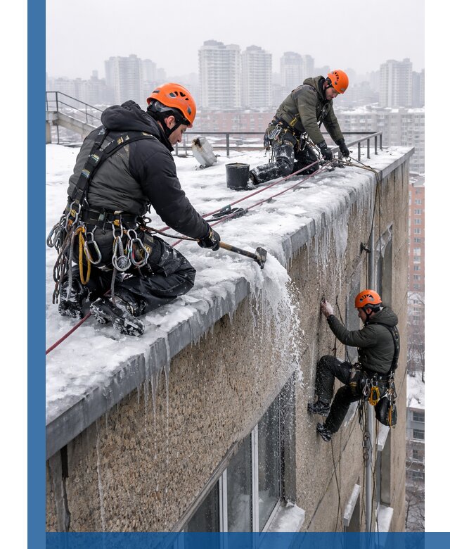 Удаление наледи с кровли в Сестрорецке промышленными альпинистами