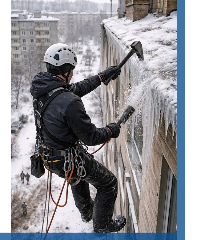 Сбивание сосулек с крыши в Сестрорецке по цене от 4612 р. | ВЫСОТНИК-Сст