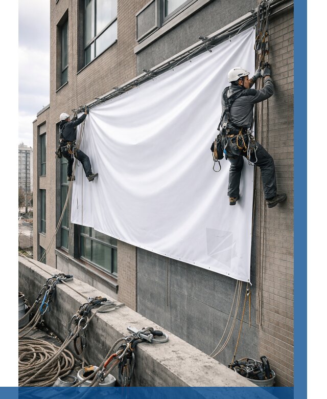 Монтаж баннеров на фасаде в Сестрорецке от 666 р. заказать ВЫСОТНИК-Сст