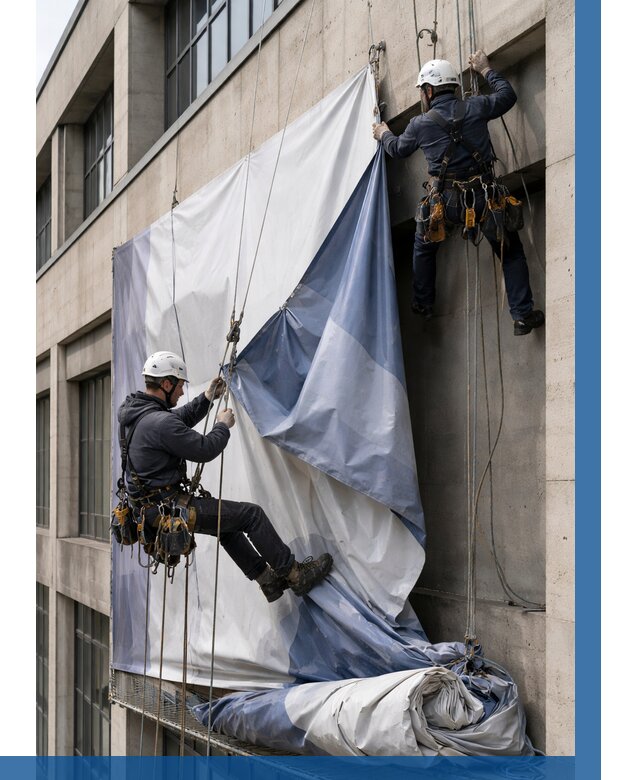 Демонтаж баннеров с фасада в Сестрорецке от 4612 р. | ВЫСОТНИК-Сст