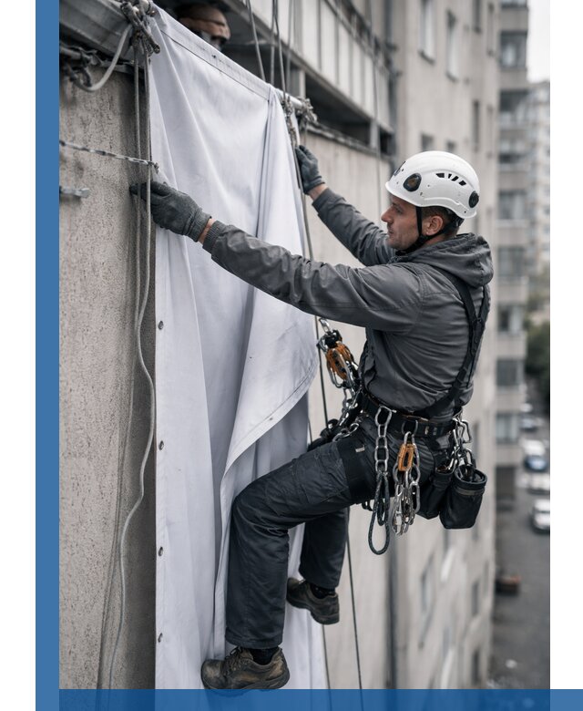 Замена баннерного полотна промышленными альпинистами в Сестрорецке