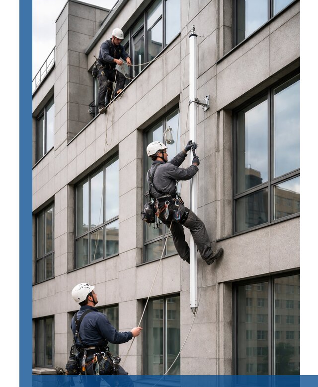 Монтаж флагштока на фасаде здания с креплением и герметикой в Сестрорецке