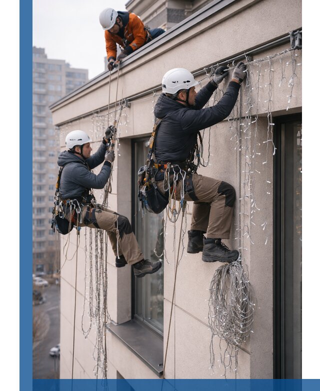 Монтаж праздничных гирлянд на фасаде в Сестрорецке для зданий