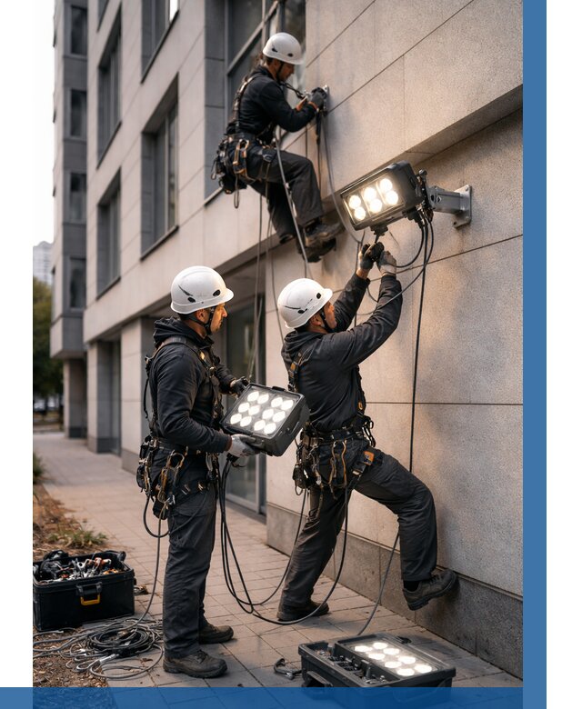 Монтаж прожекторов на фасаде в Сестрорецке от 7687 р. | ВЫСОТНИК-Сст