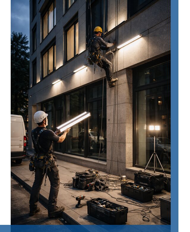 Монтаж архитектурной подсветки здания в Сестрорецке от 2562 р.|ВЫСОТНИК-Сст