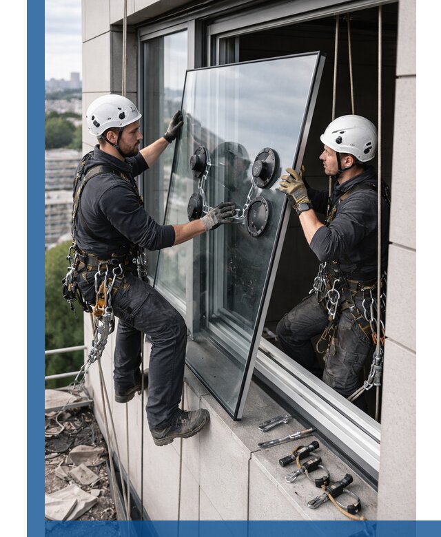 Замена стеклопакетов на высоте с промышленными альпинистами в Сестрорецке