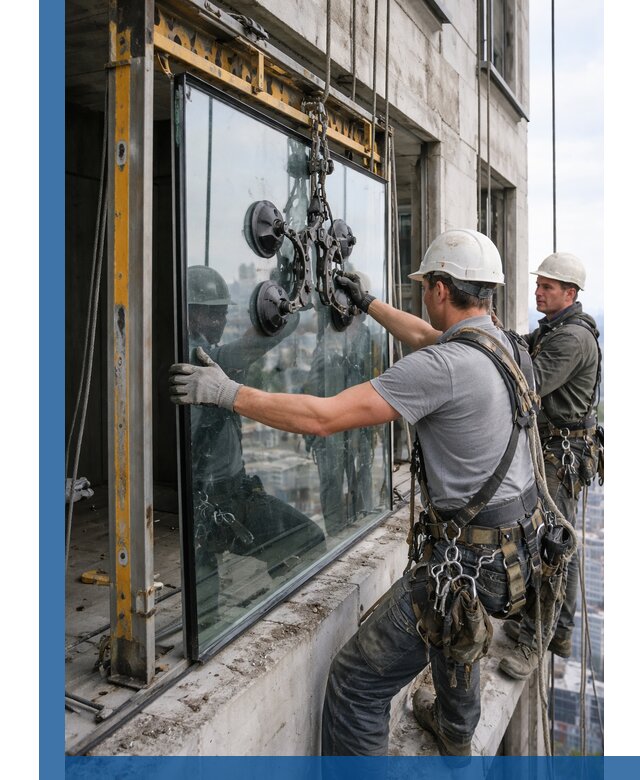 Монтаж стеклопакетов на высоте в Сестрорецке с промышленным альпинизмом