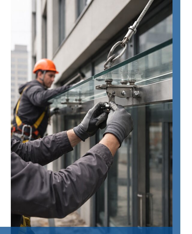 Монтаж стеклянных козырьков в Сестрорецке от 8712 р. | ВЫСОТНИК-Сст