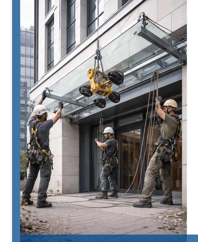 Монтаж стеклянных козырьков под ключ в Сестрорецке для зданий