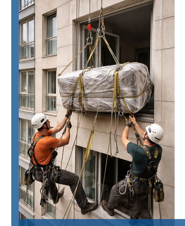 Подъем грузов через окно в Сестрорецке промышленными альпинистами